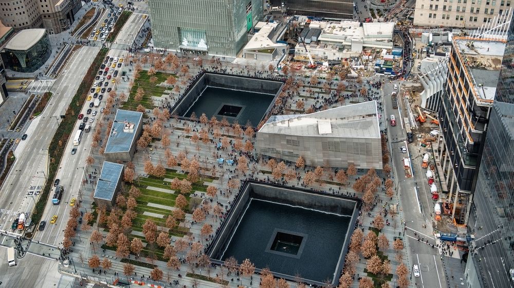 Aerial View of 9/11 Memorial Park in Manhattan New York City | Annual Light Installation Honoring 9/11 Victims Is Cancelled Due to the Coronavirus | Featured