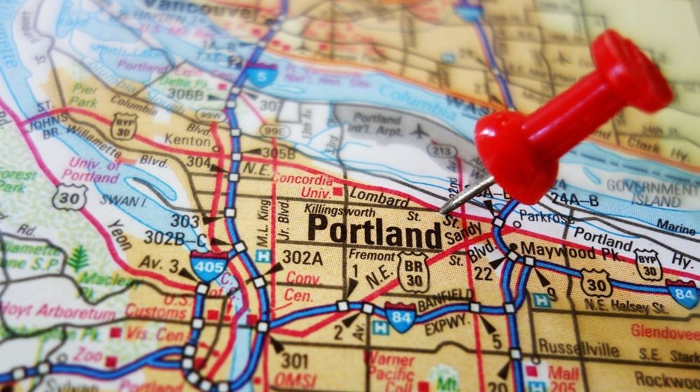 Closeup of a Portland Oregon Map with Tack | Demonstrators Target Democratic Campaign Office in Portland; Shatter Windows and Spray-Paint “F*** Biden” | Featured