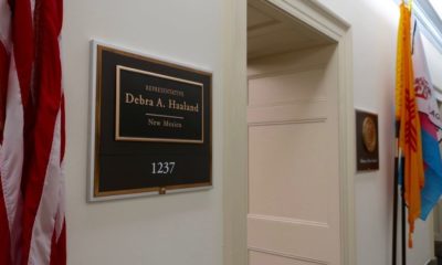 Name plate of Rep. Deb Haaland outside her office-Biden names Haaland as Interior secretary-ss-Featured