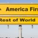 yellow traffic and direction sign with two arrows showing up and down and the words America first and Rest of world-America First for COVID-19 vaccines-ss-featured