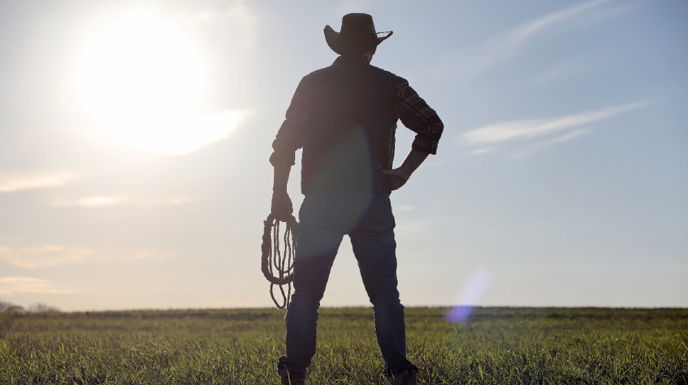 A man cowboy hat and a loso in the field. American farmer in a field wearing a jeans hat and with a loso | Biden Administration Sued For Bias Against White Farmers | Featured