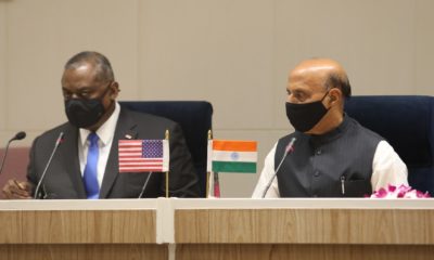 Indian Defense Minister Rajnath Singh (L) and U.S. Defense Secretary Lloyd James Austin (R) addresses during joint press statement | US Defense Sec Austin directs Pentagon to provide material support | Featured