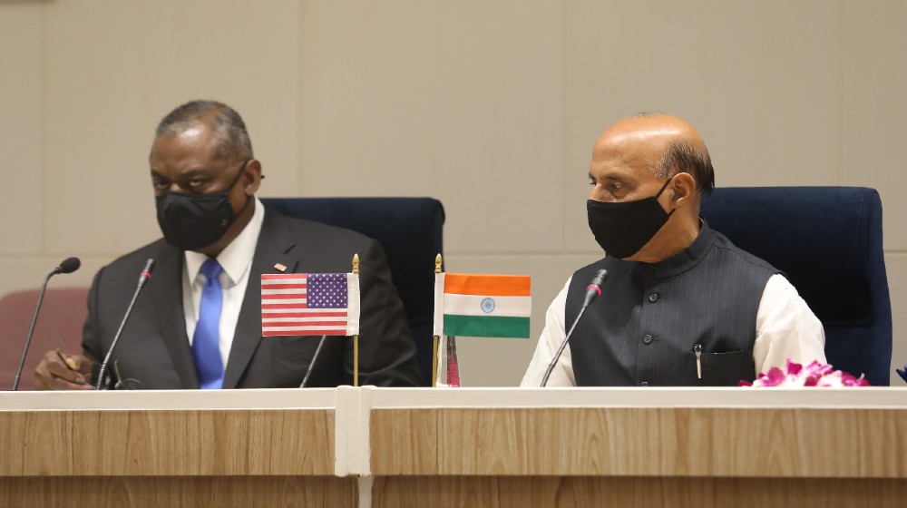 Indian Defense Minister Rajnath Singh (L) and U.S. Defense Secretary Lloyd James Austin (R) addresses during joint press statement | US Defense Sec Austin directs Pentagon to provide material support | Featured