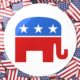 Elephant badge against badges with american flag | Majority of Republicans believe former President Donald Trump’s false election claims | featured