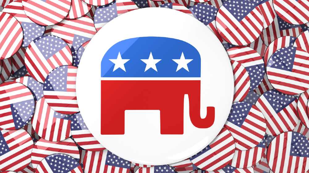 Elephant badge against badges with american flag | Majority of Republicans believe former President Donald Trump’s false election claims | featured