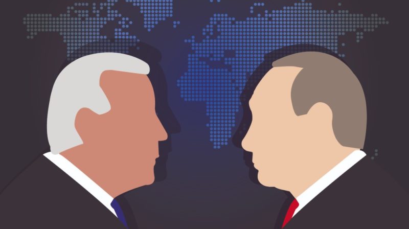 Illustration of Joe Biden Against Putin, The President of US and Russia over World Map | CNN 5 Things