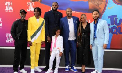 Don Cheadle, Ceyair Wright, LeBron James, Harper Leigh Alexander, Malcolm D. Lee, Sonequa Martin-Green, and John Legend at the Los Angeles premiere of 'Space Jam | Space Jam 2 Panned by Critics, China Still Won’t Show It | featured
