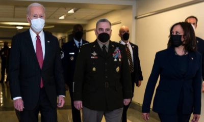 President Joe Biden walks with Vice President Kamala Harris and Chairman of the Joint Chiefs of Staff Army Gen. Mark A. Milley | Trump’s Former Defense Secretary Said Milley Should Resign | featured