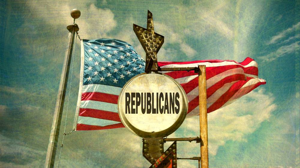 aged and worn vintage photo of republicans sign with american flag Senate Republicans Block Bill Suspending Debt Limit | featured