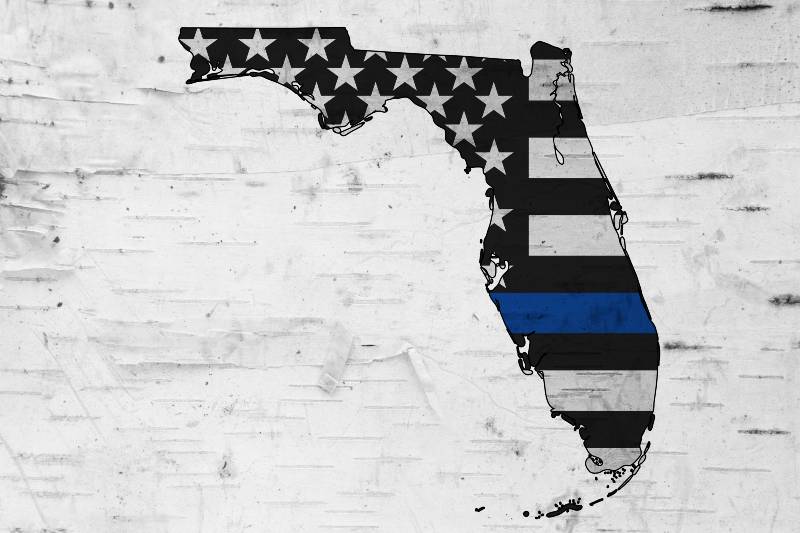 American thin blue line flag on map of Florida for your support of police officers-Antivax Police