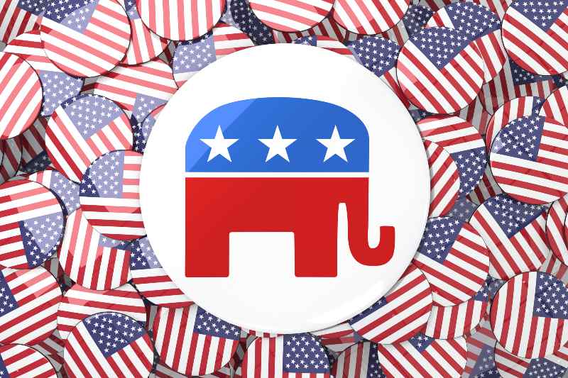 Elephant badge against badges with american flag-Republican Voters