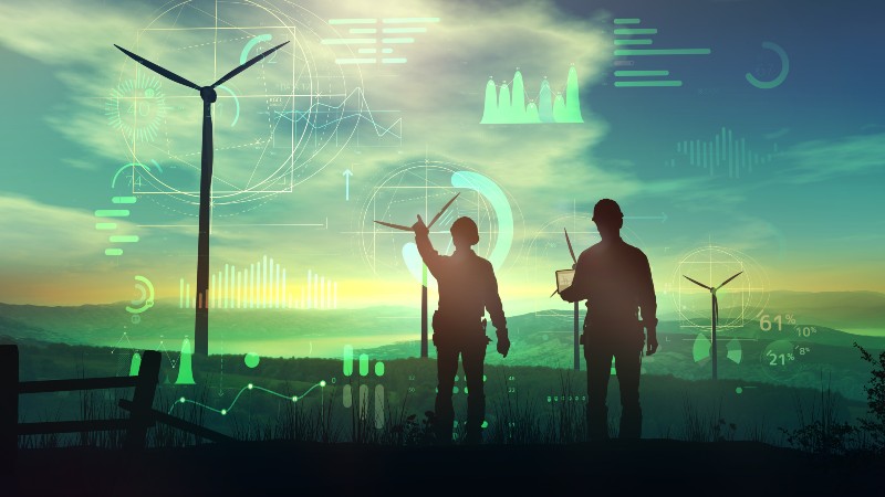 Engineers are watching over the work of wind turbines and virtual data-renewable energy