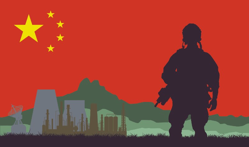 Silhouette of military soldier or office with weapons against the background of the plant and the Chinese flag-Chinese military newspaper