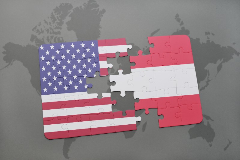 puzzle with the national flag of united states of america and austria-Vienna Nuclear Talks