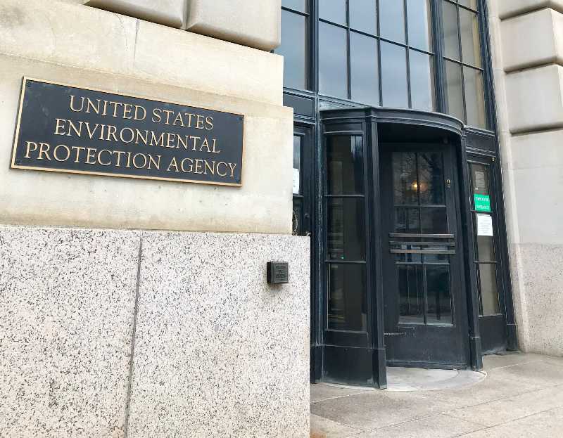 ENVIRONMENTAL PROTECTION AGENCY EPA sign at headquarters building exterior with entrance-Clean Water Act