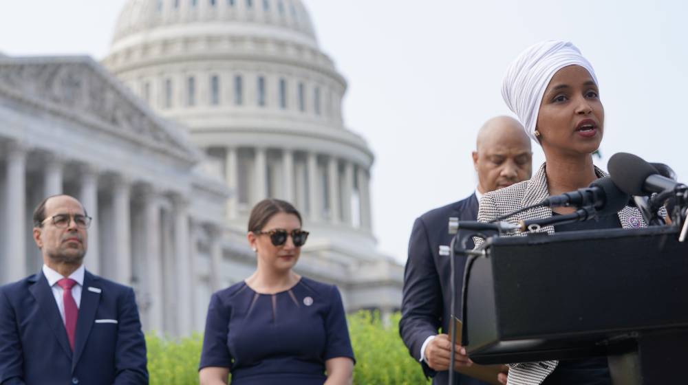 Rep. Ilhan Omar (D-MN) speaks at a press conference on Capitol Hill regarding Islamophobia | Reps. Lauren Boebert and Ilhan Omar Engage In Apology War | featured
