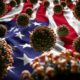 COVID-19 Coronavirus Molecules on US Flag - Health Crisis - Leading Country in COVID Cases and Casualties | Daily Coronavirus Cases