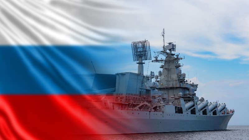 Russian Navy. Warship against background of Russian flag | Russian Warship Sinks, COVID-19 Breathalyzer Test, Antarctica & More