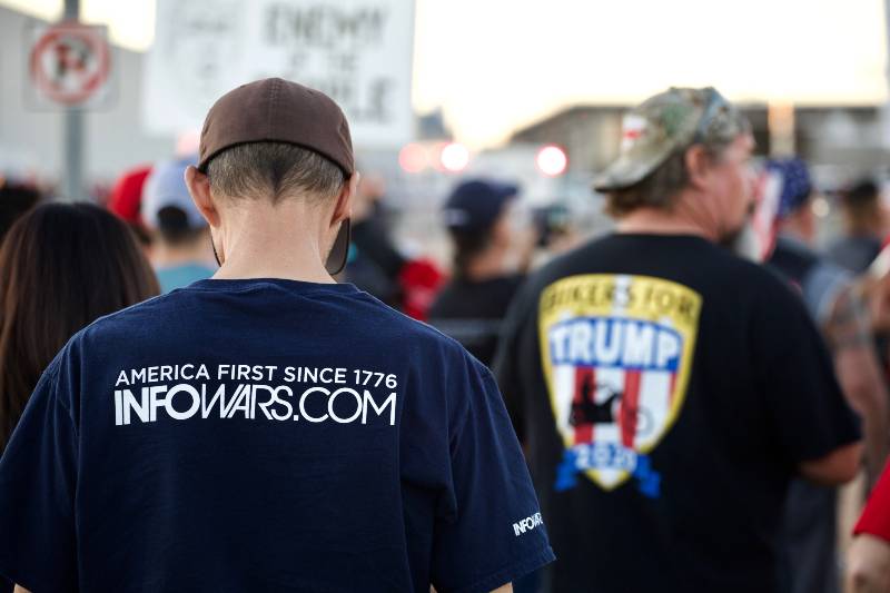 Trump supporters and protesters gather outside a campaign rally | InfoWars Facing Chapter 11 Bankruptcy Following Mounting Legal Issues Against Jones
