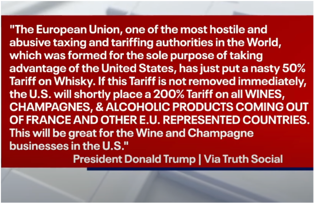 The Trade War Continues As Trump Announces a 200% Tariff on European Wines and Spirits