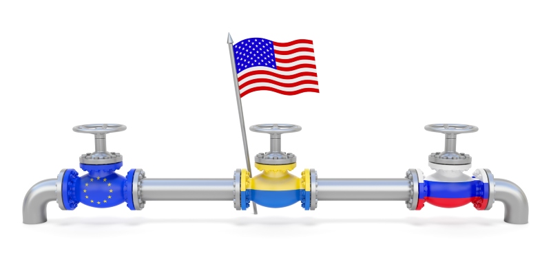 American flag near pipeline and valves with flags of Russia, Ukraine, European Union-Russian Oil Ban-SS-Featured