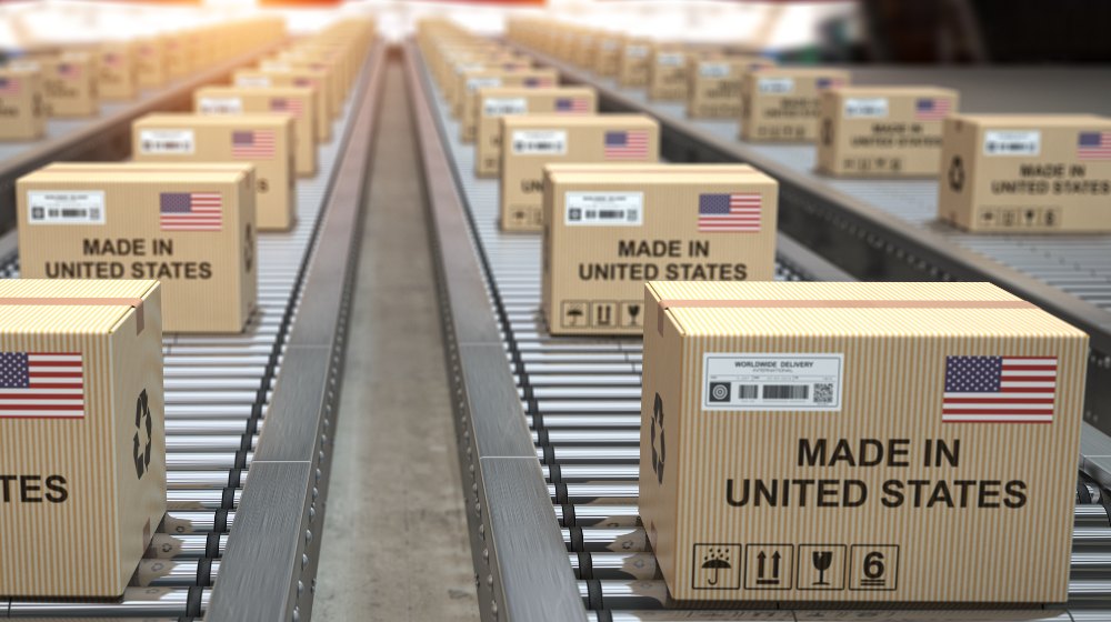 Cardboard boxes with text made in USA and american flag-SS-Buy American