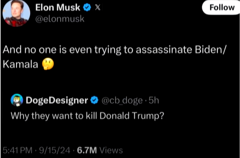Elon Musk Deletes Comment on Why No One is Assassinating Biden, Harris