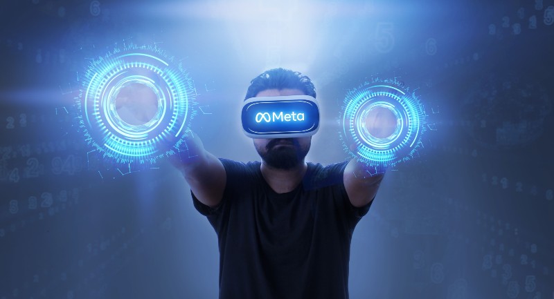Man Wearing Virtual Reality Goggles Inside A Metaverse | Horizon Worlds
