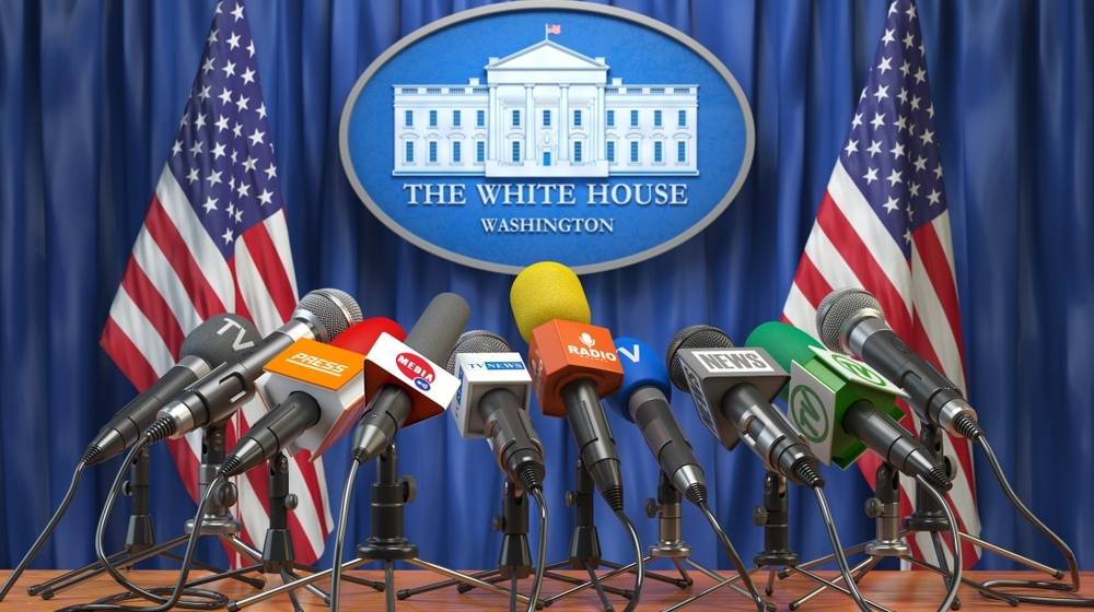 Microphones set up for White House presscon-Be Ready- Press Secretary Tells Americans Expect Executive Orders on Guns -ss-featured