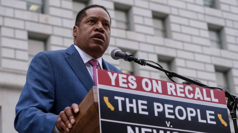 Republican gubernatorial candidate Larry Elder in a news conference with crime victims and law enforcement | Actors Say No To California Recall, Attack GOP Candidate | featured