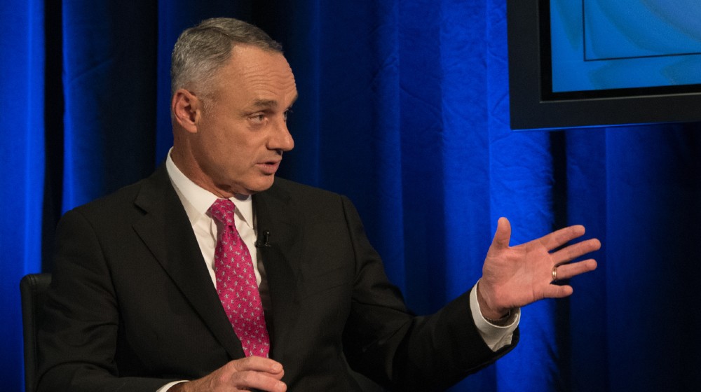 Rob Manfred, Commissioner of Major League Baseball, is interviewed by legendary journalist Marvin Kalb at the National Press Club-MLB Commissioner-ss-featured