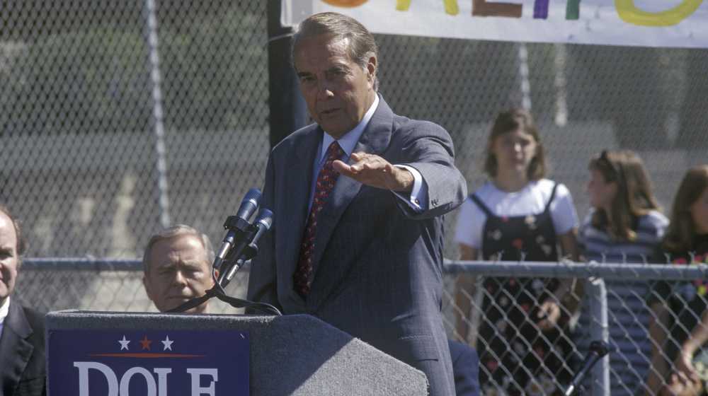 Senator Bob Dole speaks at a rally at Temple Christian School in Ventura, California | Former US Senator and GOP Stalwart Bob Dole Dead at 98 | featured