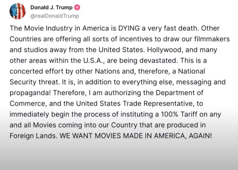 Hollywood is Dying: U.S. President Wants 100% Tariffs on Foreign Film Production