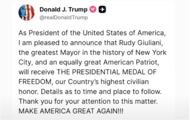 President Trump to Award Former NYC Mayor Rudy Giuliani the Presidential Medal of Freedom